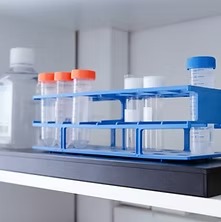 Labeled specimen containers organized in a laboratory rack